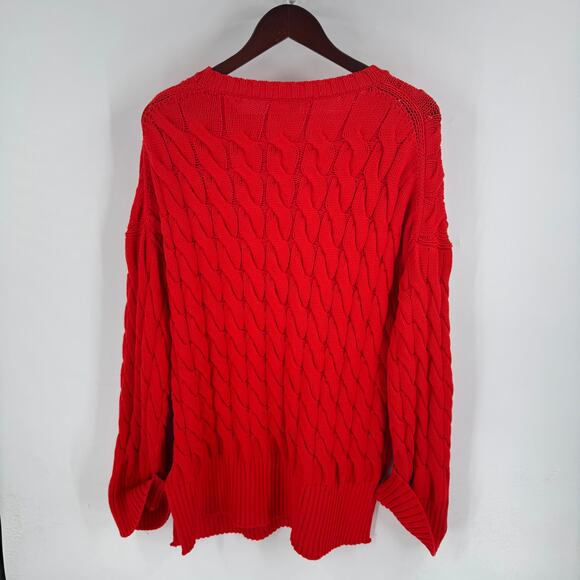 J.Crew Red Cotton Cable Knit Heavy Sweater Size L-XL Side Slit Crewneck Classic - Picture 3 of 10